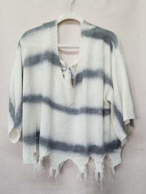 POL Striped V-Neck Tie-Back Sweater - White & Gray